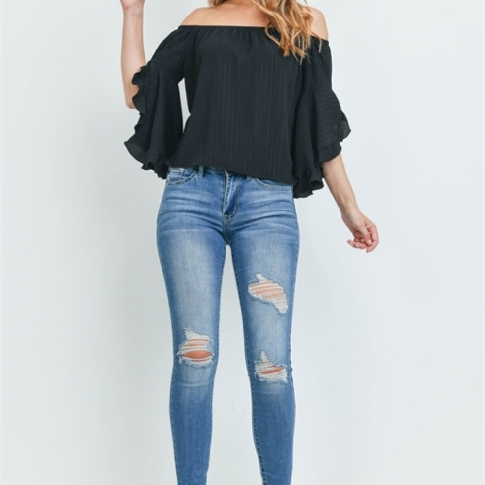 NWT Black Off Shoulder Ruffled Split Bell Sleeve - Picture 4 of 6
